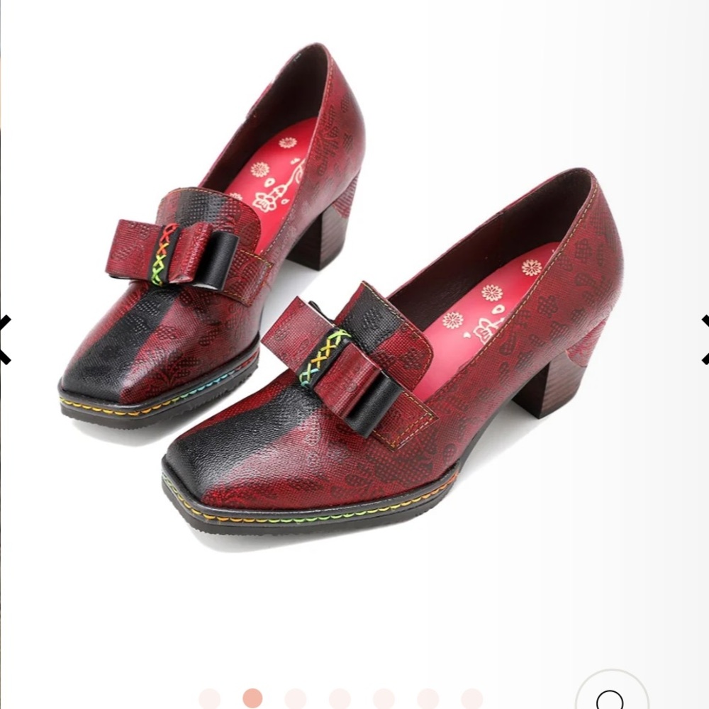 Crazycatz Women’s size 10, vintage style heels, red and black, rainbow stitching